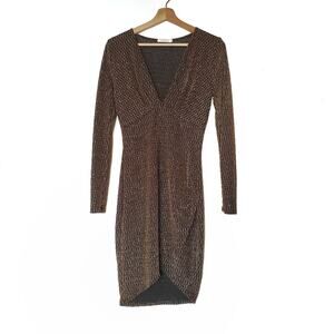 Papaya | Gold Metallic Thread Long Sleeve Dress